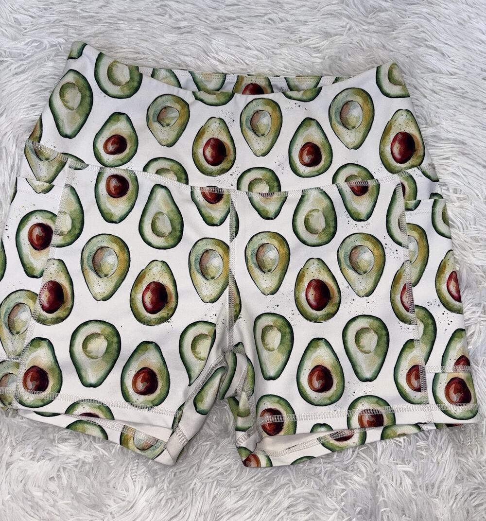 Muscles & Donuts Women’s L Avocado Design Biker Shorts. Fun, W/pockets. Grt Item